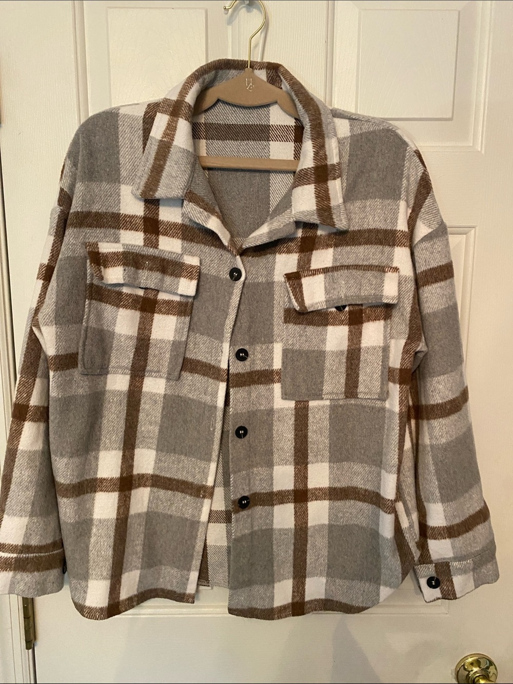 Plaid Button-Front Shacket Jacket in Gray, White & Brown